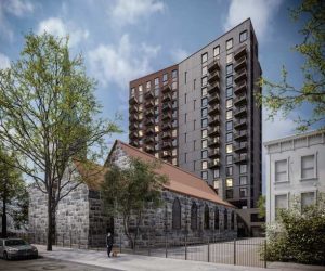 Rendering by DXA Studio of proposed development on the 230 Classon site and the existing St. Mary's Episcopal Church building